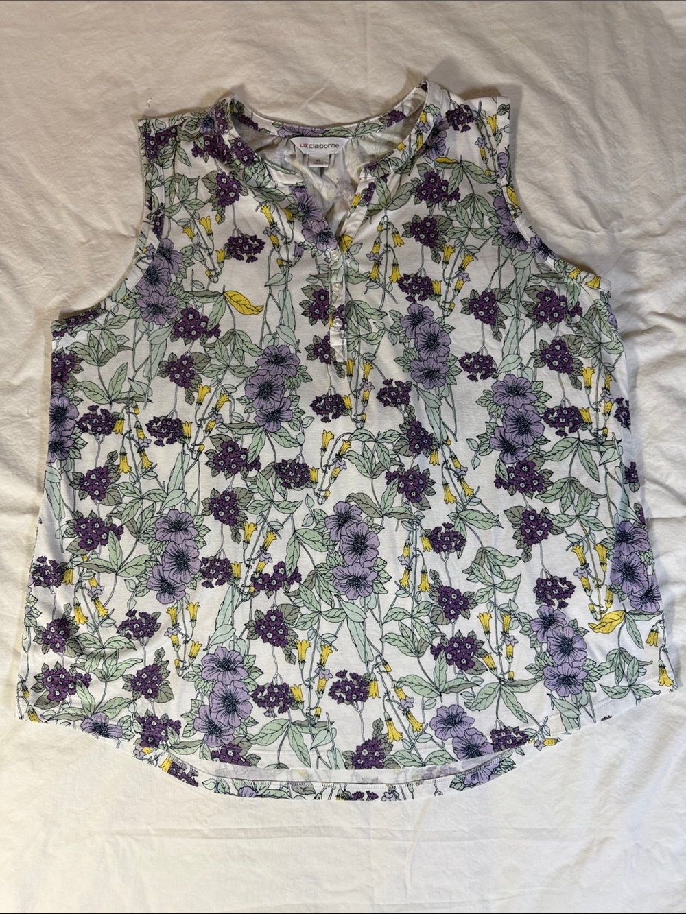 Liz Claiborne White Sleeveless Floral Henley Tank with Purple & Yellow